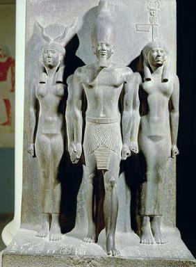 Triad of Menkaure (Mycerinus) with the goddess Hathor and the goddess of the Aphroditopolis nome, ta 18th