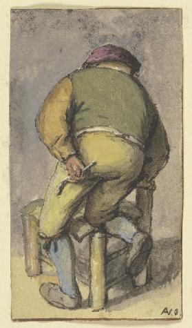 Bauer von hinten, mit dem rechten Bein auf einem Stuhl kniend