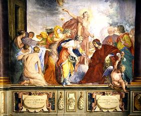 Lorenzo de Medici and Apollo welcome the muses and virtues to Florence