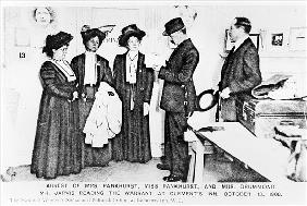 Arrest of Mrs Pankhurst, Miss Pankhurst and Mrs Drummond. Mr.Jarvis reading the warrant at Clements 