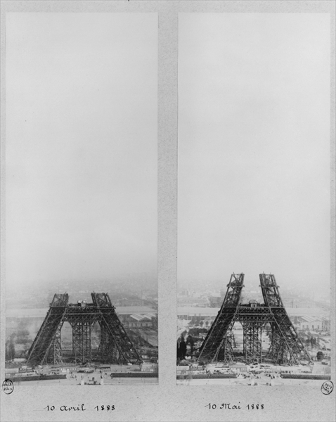Two views of the construction of the Eiffel Tower, Paris, 10th April and 10th May 1888 (b/w photo)  von French Photographer