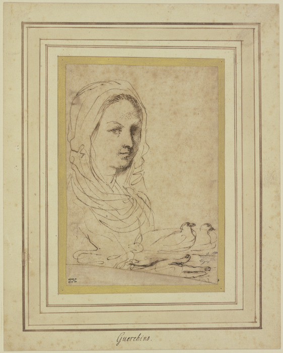 Brustbild eines Mädchens, zwei Tauben tragend von Guercino (Giovanni Francesco Barbieri)