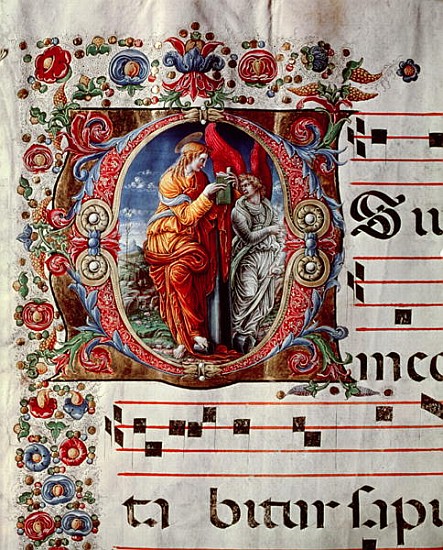 The Annunciation, historiated initial ''O'', detail of a page from an antiphonal, c.1473-79 von Liberale (Bonfanti) da Verona