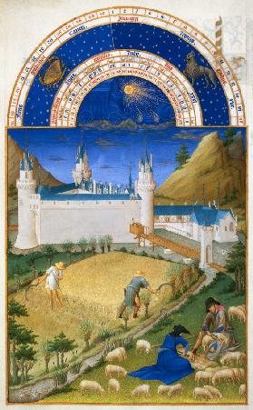 Fascimile of July: Harvesting and Sheep Shearing, from the ''Tres Riches Heures du Duc de Berry''