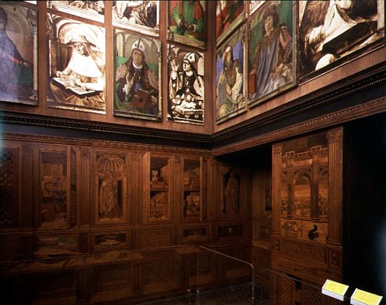 The Study of Federigo da Montefeltro, Duke of Urbino: intarsia panelling depicting open cupboards an von Pedro Berruguete