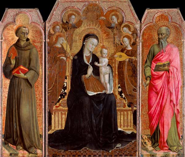 Maria mit dem Kind und sechs Engeln, sowie die hll. Antonius/Padua und Joh. Evang von Sassetta (Stefano di Giovanni di Consolo)