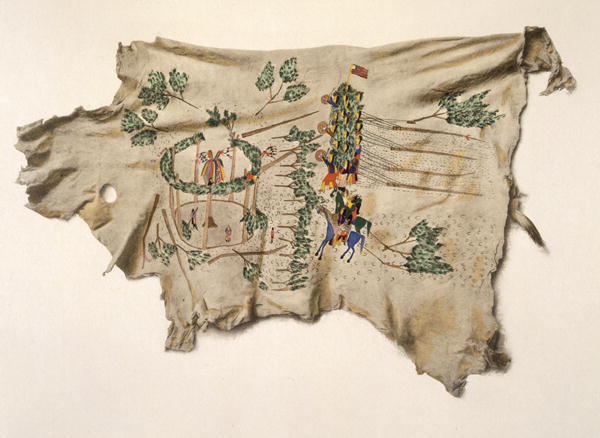 Erection of the Sun Dance lodge of the Kiowa (pigment on deerskin)  von Silver Horn (Haun-goo-ah)