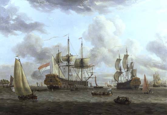 Dutch Shipping Scene in a Wide Estuary von Abraham J. Storck