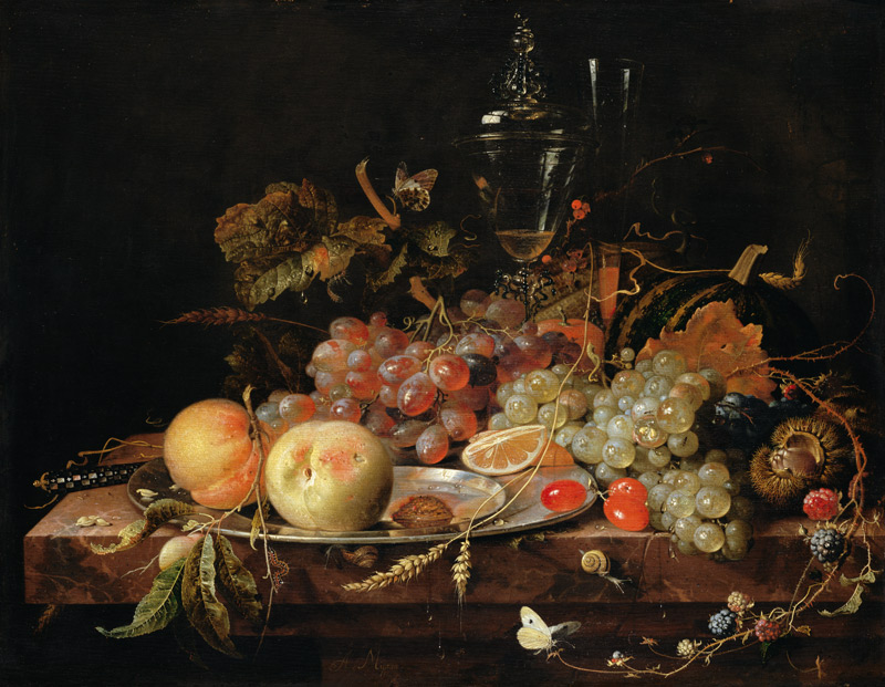 Stillleben mit Früchten, Zinnteller und Weingläsern von Abraham Mignon