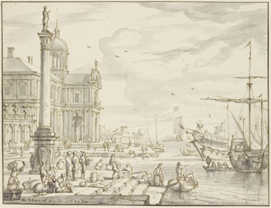 Seehafen, links eine Säule von Abraham Storck d. Ä.