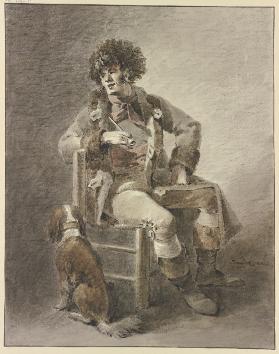 Auf einem Stuhl sitzt ein Mann die Pfeife in der Hand, dabei ein Hund