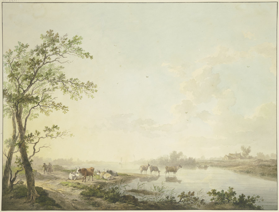 Nebliger Morgen an einem Flusse, am Ufer sieben Kühe, zum Teil im Wasser stehend von Abraham Teerlink