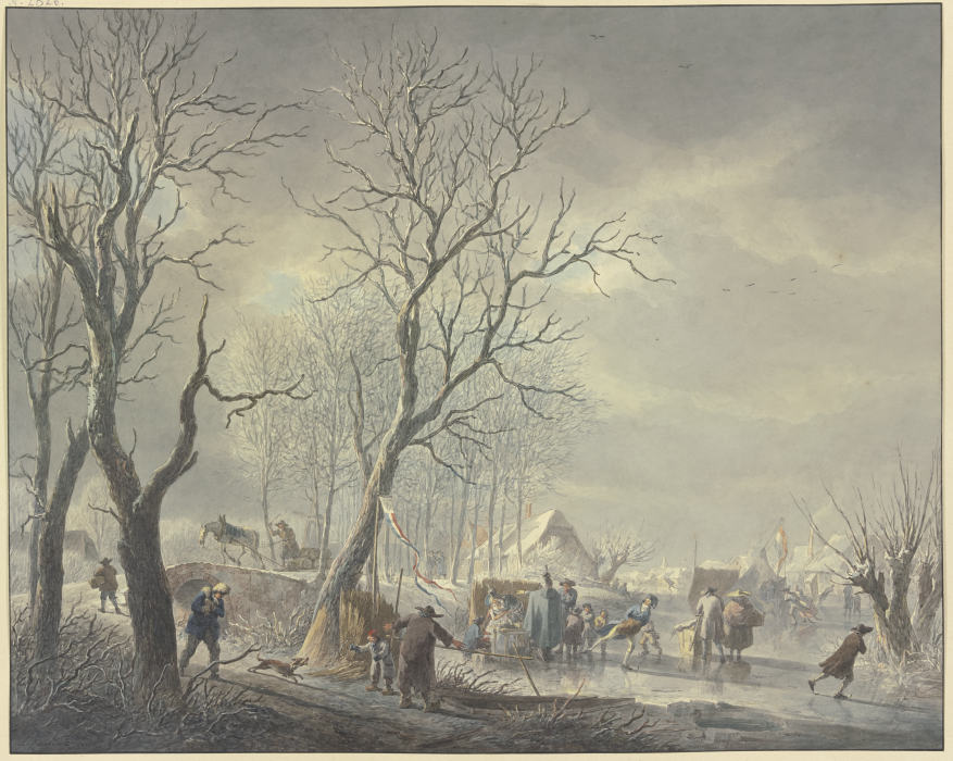 Winterlandschaft, Schlittschuhläufer bei Zelten auf dem Kanal, ein Husar umarmt ein Getränke haltend von Abraham Teerlink