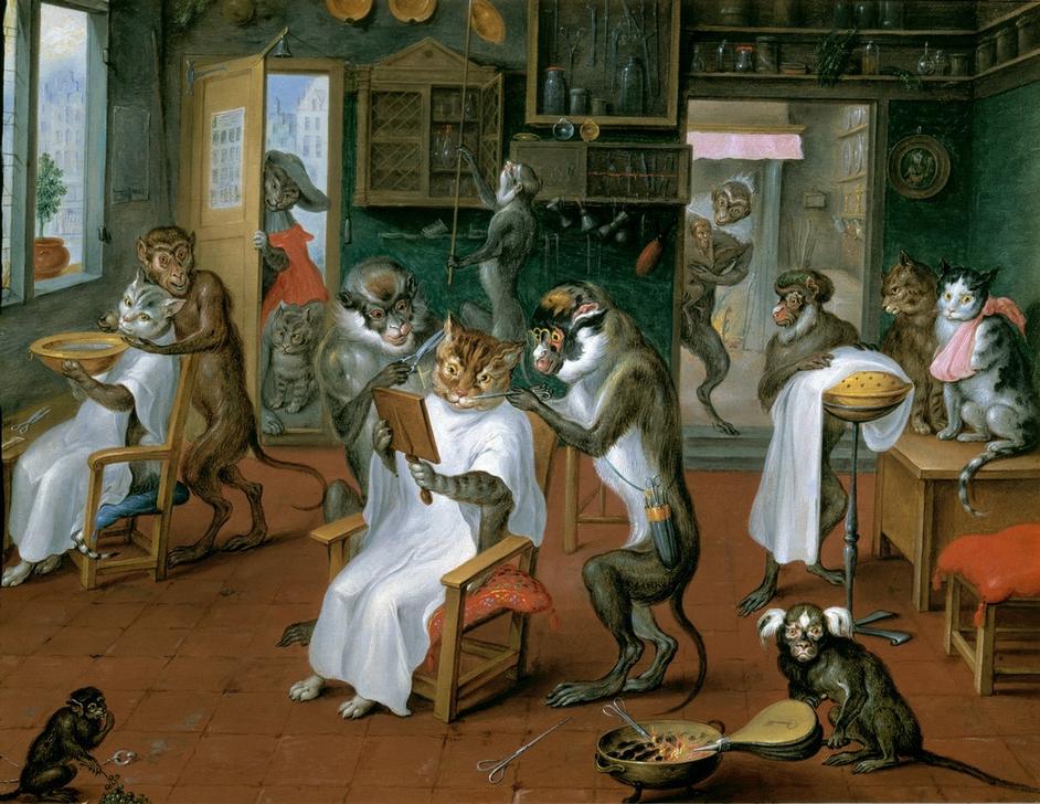 Barbierstube mit Affen und Katzen von Abraham Teniers