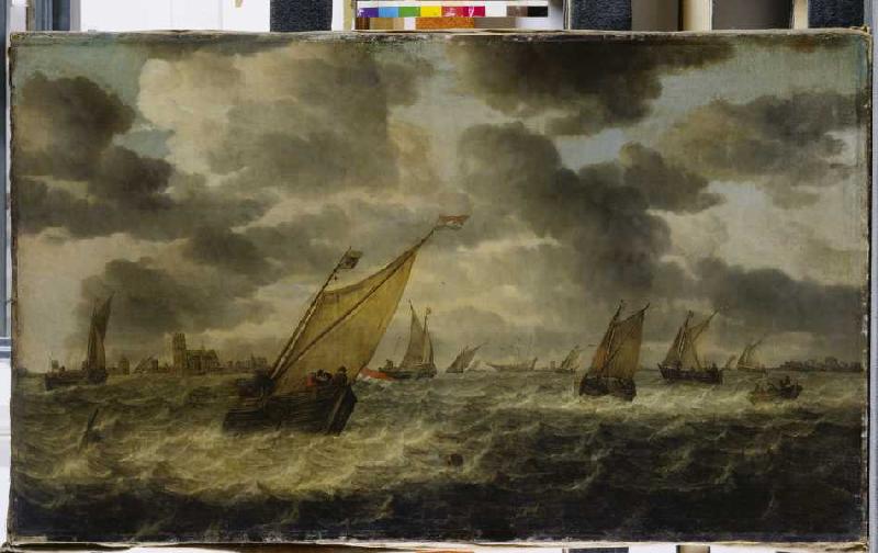 Die Mündung der Maas mit Segelbooten und Ruderkahn, im Hintergrund Dordrecht von Abraham van Beyeren