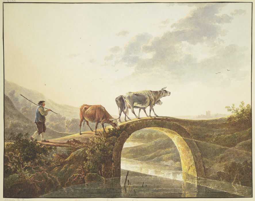 Hirte mit drei Rindern auf einer Flußbrücke von Abraham van Strij