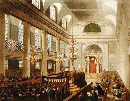 Synagogue, Dukes Place, Houndsditch, from Ackermann's 'Microcosm of London', engraved by Sunderland von A.C. Rowlandson
