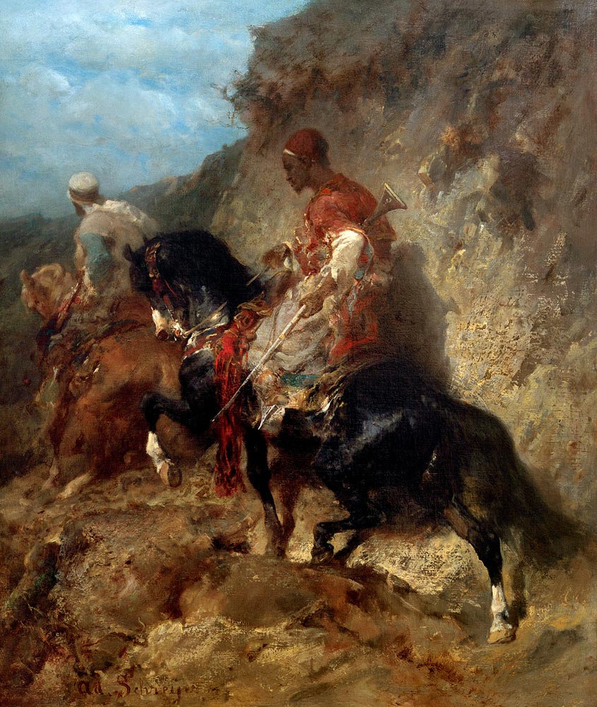 Zwei arabische Reiter an einer Felswand von Adolf Schreyer