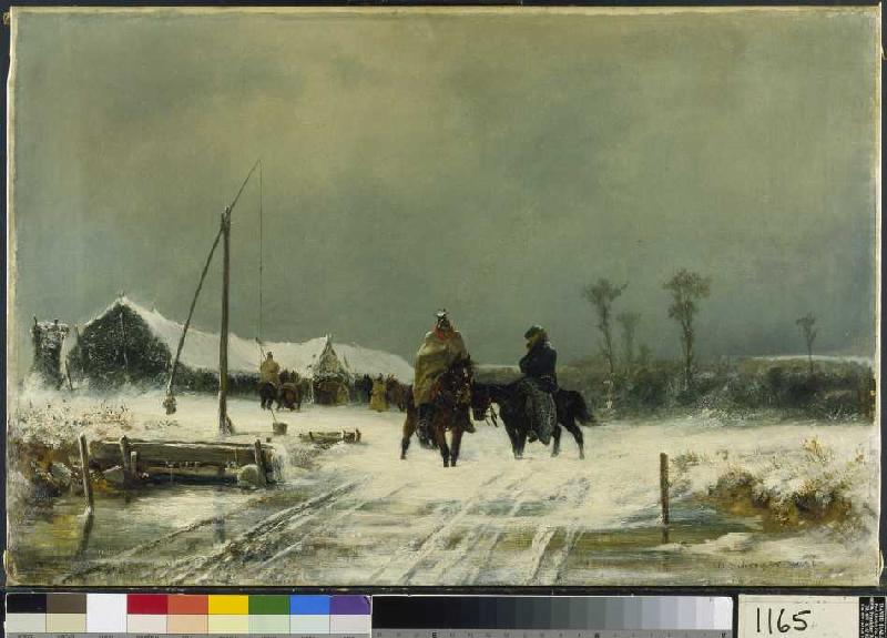 Rastende Ulanen im Schnee in der Wallachei. von Adolf Schreyer