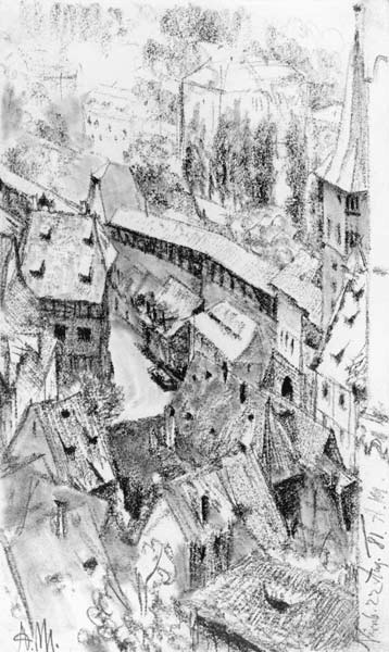 Blick von der Burg in Nuernberg auf den kleinen Platz am Thiergaertner Tor mit dem Duererhaus im Mit von Adolph Friedrich Erdmann von Menzel