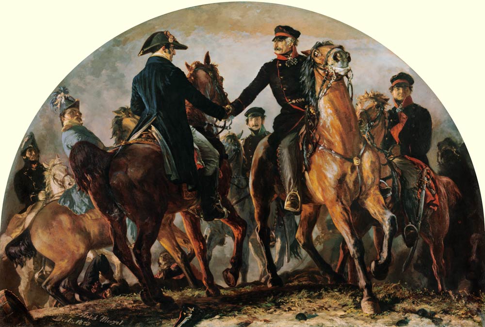 Blüchers Begegnung mit Wellington nach der Schlacht v. Belle-Alliance (Waterloo) von Adolph Friedrich Erdmann von Menzel