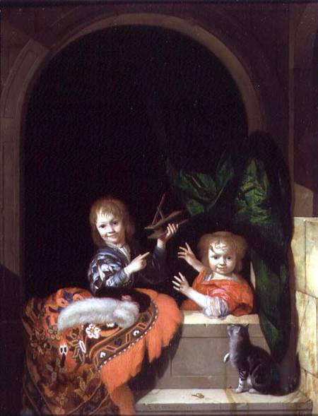 Two Children with a Mousetrap von Adriaan van der Werff