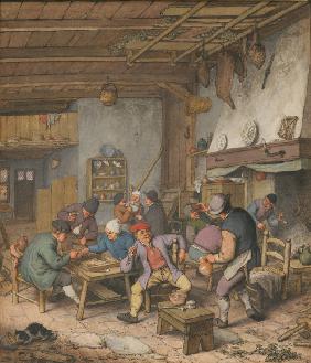 Bauern trinken, rauchen und spielen Backgam in einer Gaststätte 1678