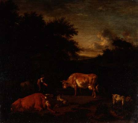 Shepherdess and a Drover with their Flocks by a Classical Fountain in a Wooded Landscape von Adriaen van de Velde