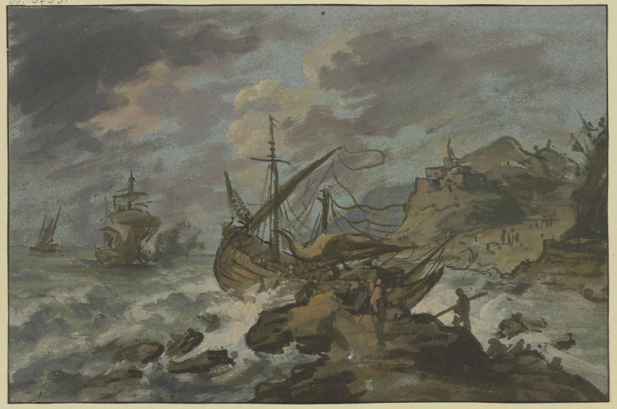 Seesturm an felsiger Küste, vorne ein gestrandetes Schiff von Adriaen van der Cabel