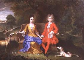 Portrait of Sir Charles Shuckburgh and his wife, Diana, with Shuckburgh Hall, Warwickshire in the ba c.1690