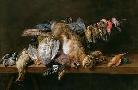 Still life of dead birds and a hare on a table 1647