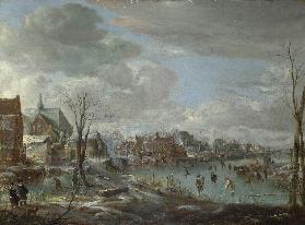 Ein gefrorener Fluss nahe einer Stadt mit Golfspieler und Schlittschuhläufer Um 1648