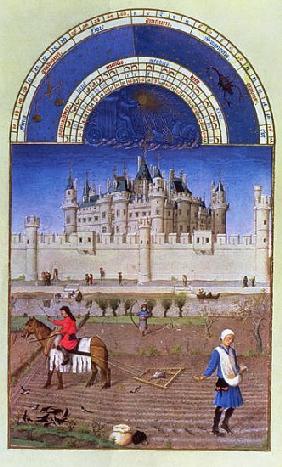Facsimile of October: sowing the winter grain the Limbourg brothers, from the ''Tres Riches Heures d