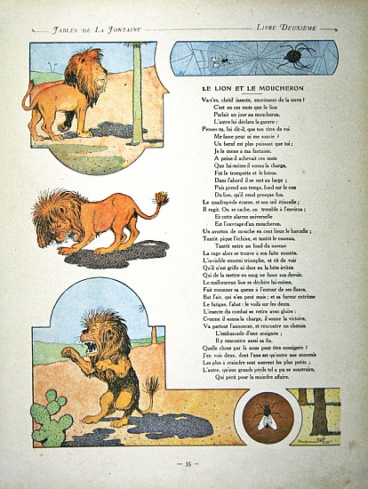 The lion and the gnat, illustration from ''Fables'' Jean de la Fontaine, 1906 edition von (after) Benjamin Rabier