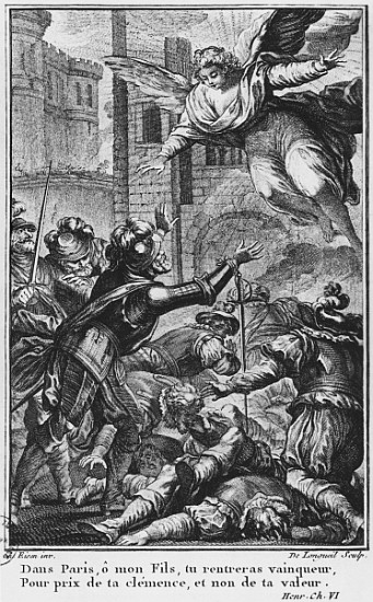 Siege of Paris, apparition of St. Louis (1214-70) to Henri IV (1553-1610) ; engraved by Joseph de Lo von (after) Charles Joseph Dominique Eisen