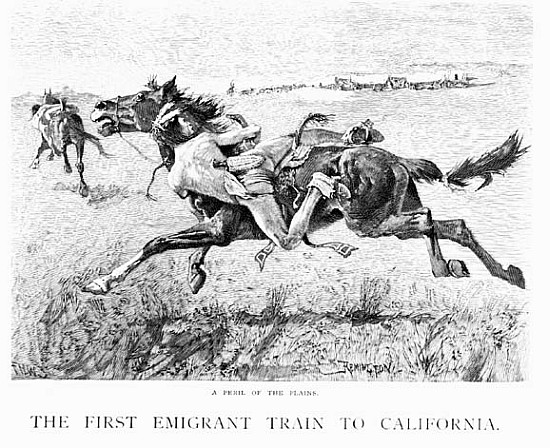 A Peril of the Plains, the First Emigrant Train to California; engraved by F.H.W. von (after) Frederic Remington