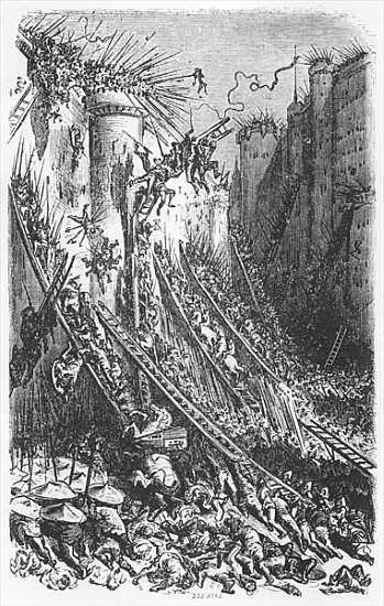 Attacking a castle or a fortified town, illustration from ''Les Contes Drolatiques'' Honore de Balza von (after) Gustave Dore