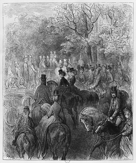 Carriages and riders at Hyde Park, illustration from ''Londres'' Louis Enault (1824-1900) 1876; engr von (after) Gustave Dore