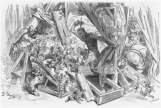 Don Quixote fighting the puppets, illustration from ''Don Quixote de la Mancha'' Miguel Cervantes (1 von (after) Gustave Dore