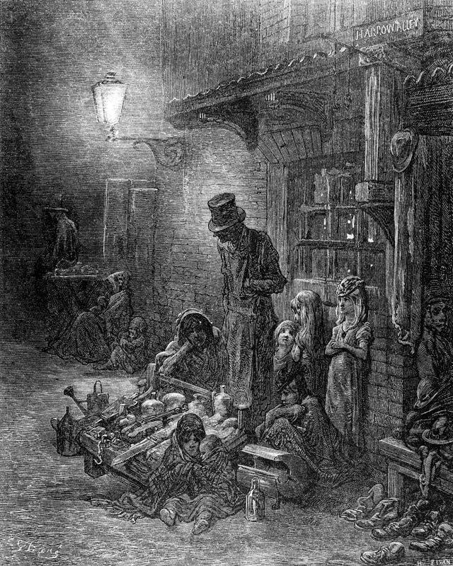 Off Billingsgate, view of Harrow Alley, from ''London, a Pilgrimage'', written by William Blanchard  von (after) Gustave Dore