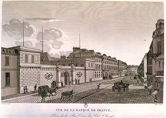 The Bank of France from Rue Croix-Petits-Champs; engraved by Eugene Dubois von (after) Henri Courvoisier-Voisin