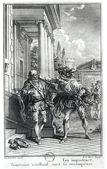 Fight scene, illustration for ''Le Cid'' (1637) Pierre Corneille (1606-84) ; engraved by Noel Le Mir von (after) Hubert Gravelot