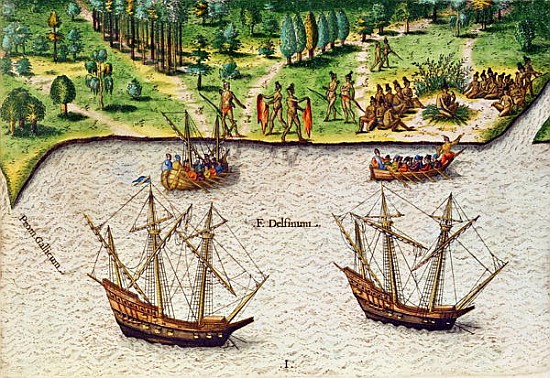 The Cape of Florida (Gallicum) and the Dolphin River (Fleuve Delphinium) from ''Brevis Narratio''; e von (after) Jacques (de Morgues) Le Moyne
