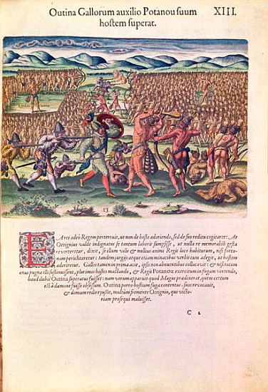 The French Help the Indians in Battle, from ''Brevis Narratio..''; engraved by Theodore de Bry (1528 von (after) Jacques (de Morgues) Le Moyne