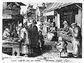 The Spectacles Seller; engraved by Jan Collaert and Joan Galle (1600-76)
