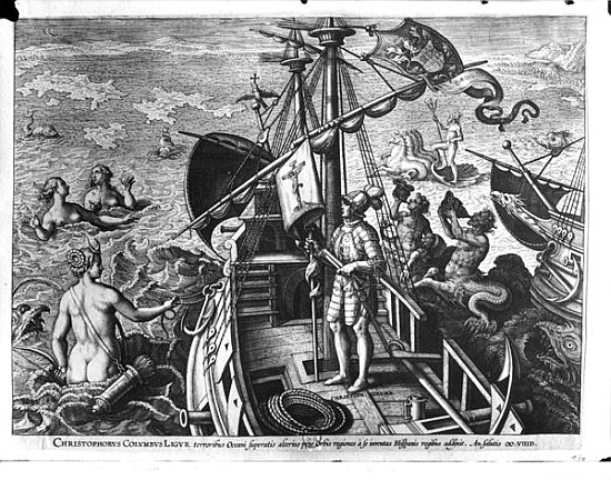 Christopher Columbus (1451-1506) on board his caravel, discovering America von (after) Jan van der (Joannes Stradanus) Straet