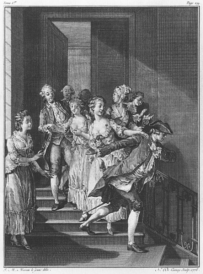 Saint-Preux escaping, volume I, page 279, illustration from ''La Nouvelle Heloise'' Jean-Jacques Rou von (after) Jean Michel the Younger Moreau
