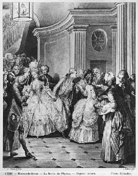 Coming out of the Opera; engraved by Georges Malbeste or Malbete (1743-1809)