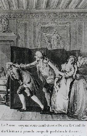 Le Baron...chassa Candide du Chateau a grands coups de pied dans le derriere'', illustration from ch