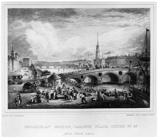 Broomielaw Bridge, Carlton Place, Clyde St., Glasgow; engraved by Joseph Swan von (after) John Fleming